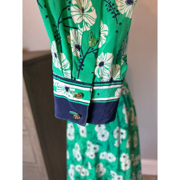 Draper James | Green/Blue Floral Button Front Long Sleeve Shirt Dress | 6 - Picture 11 of 17